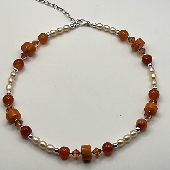 CORAL, FIRE AGATE, PEARL, CRYSTAL & STERLING SILVER ARTISAN CHOKER NECKLACE - Picture 9 of 11